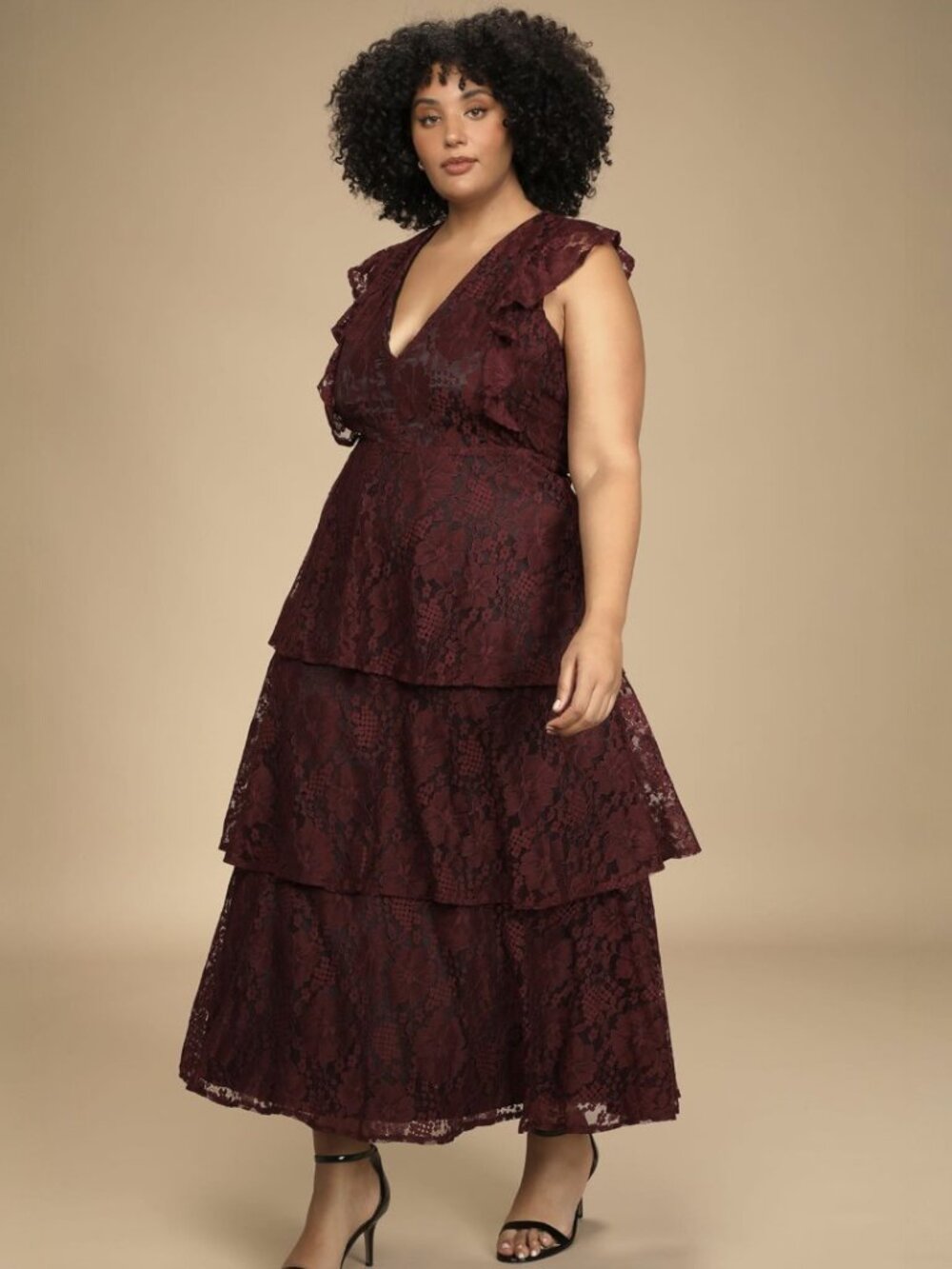 NWT Lulus Molinetto Burgundy Lace Ruffled Tiered Sleeveless Maxi Dress​ - Picture 6 of 10